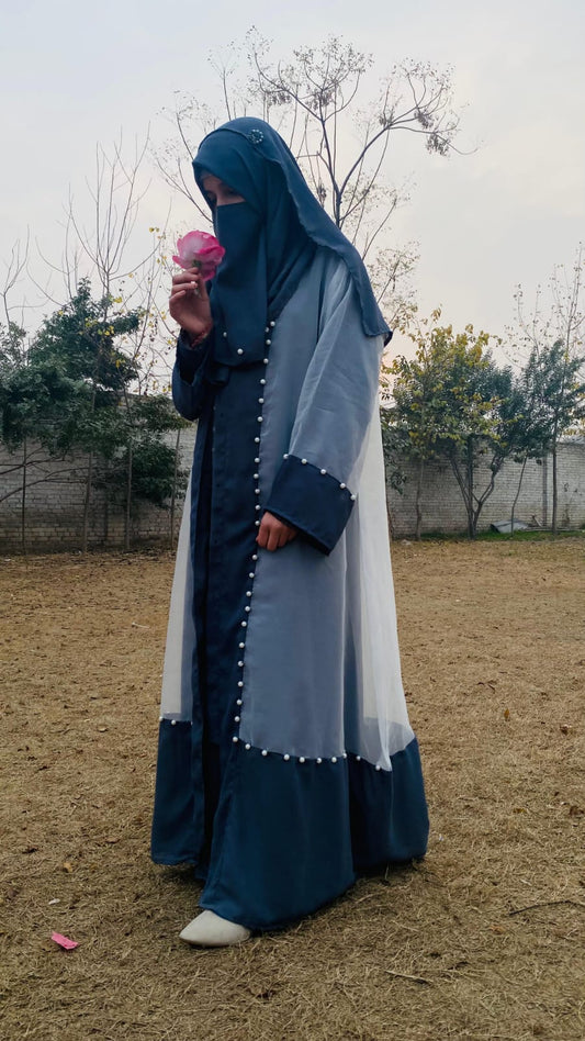 Grey pearl cascade abaya design 