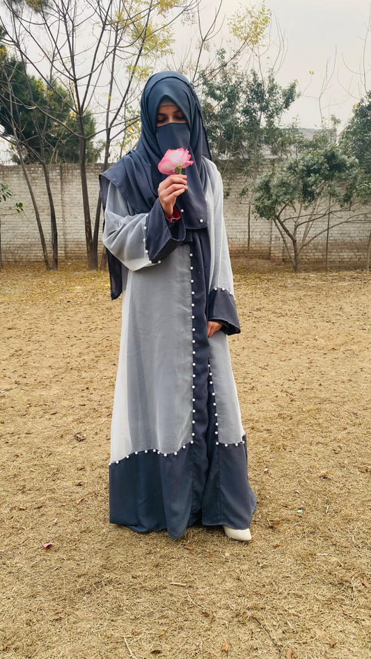 Grey Pearl cascade abaya design